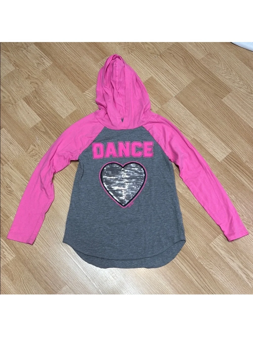 Justice Active Girls 12 Gray Pink Dance Hooded Top Flip Sequin Long Sleeve Shirt